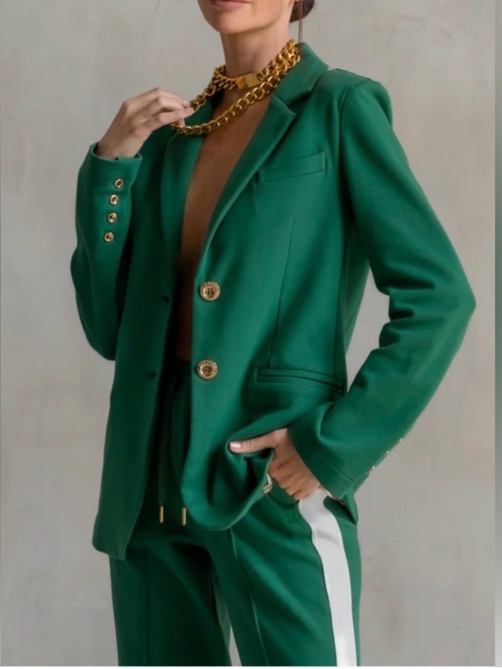 Care Tucker Morrison Blazer Interlock Cotton Ivy Green Gold Buttons Size M (6-8)